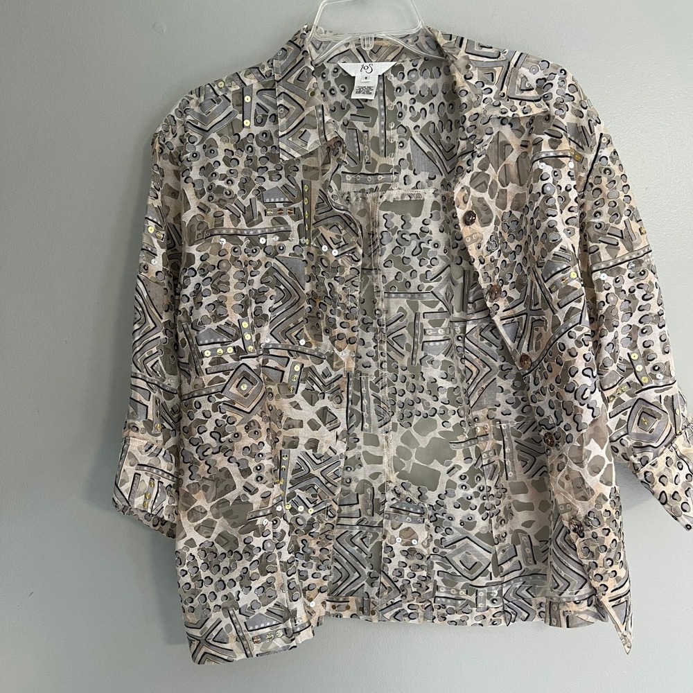 iOS Womens Geometric Animal Print Burnout Sequin Button Down Blouse Grey Tan S